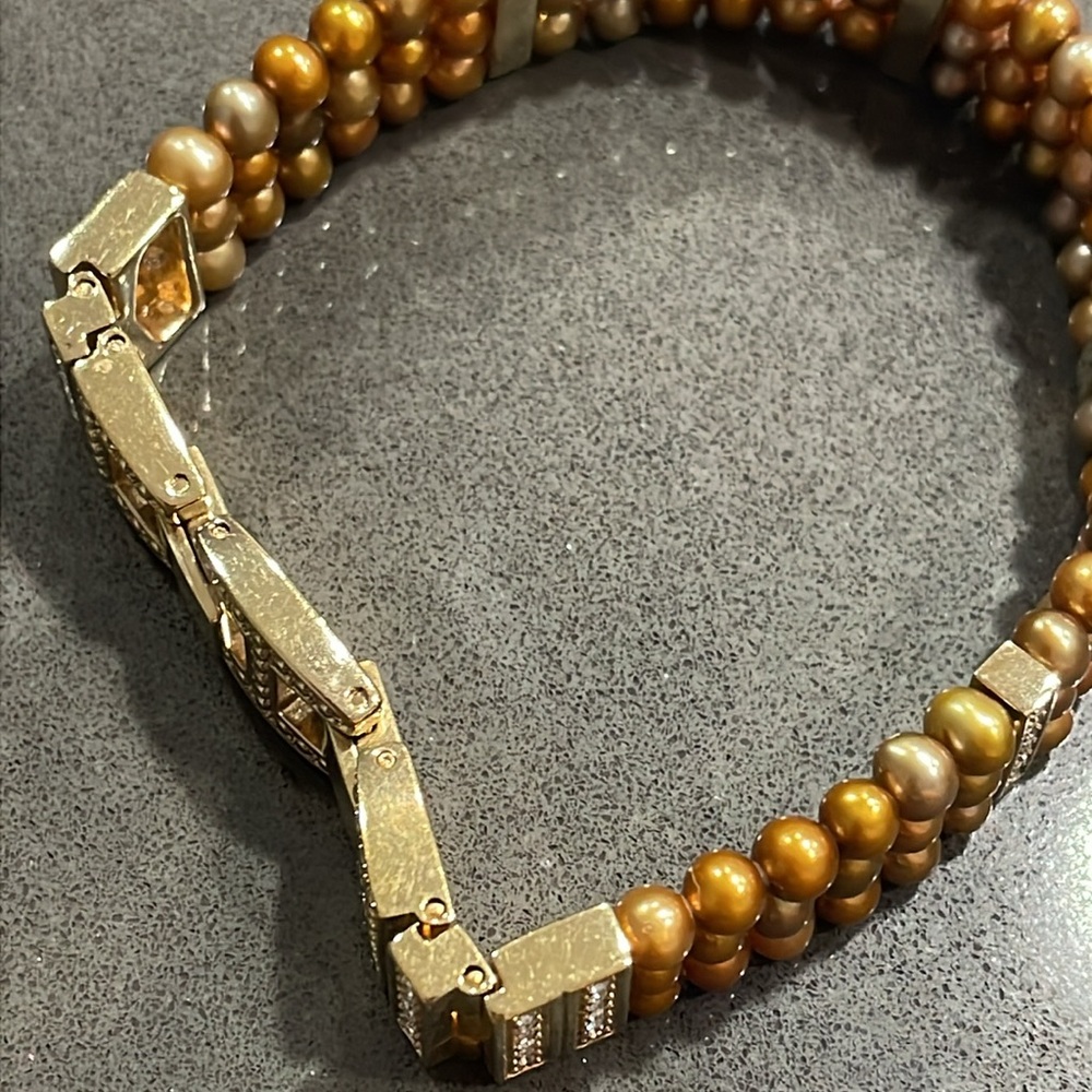 Gold Tone Three Strand Bracelet with Cultured Pearls and Rhinestones - Picture 15 of 16